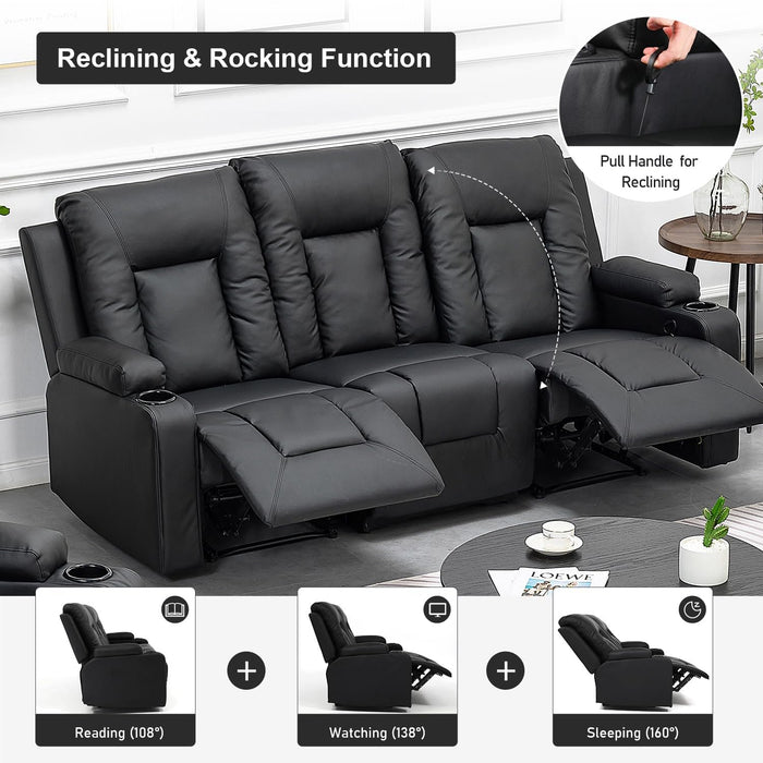 Recliner Chair Set, Furniture 3PC Bonded Leather Recliner Set Living Room Set, Sofa, Recline Chair (Black,Living Room Set 3)