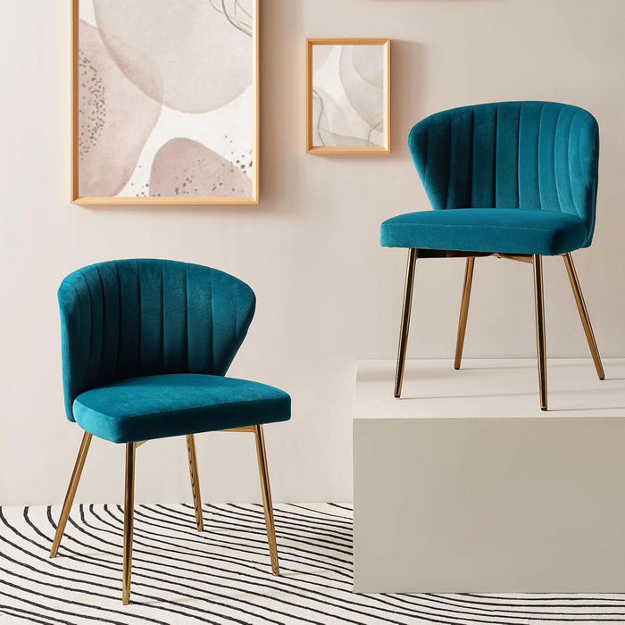 Dining Chairs Set of 2 Velvet Upholstered Kitchen & Dining Room Chairs with Metal Legs Vanity Chair Armless Side Chairs for Living Room Bedroom Restaurant, Channel Curved Backrest, Teal