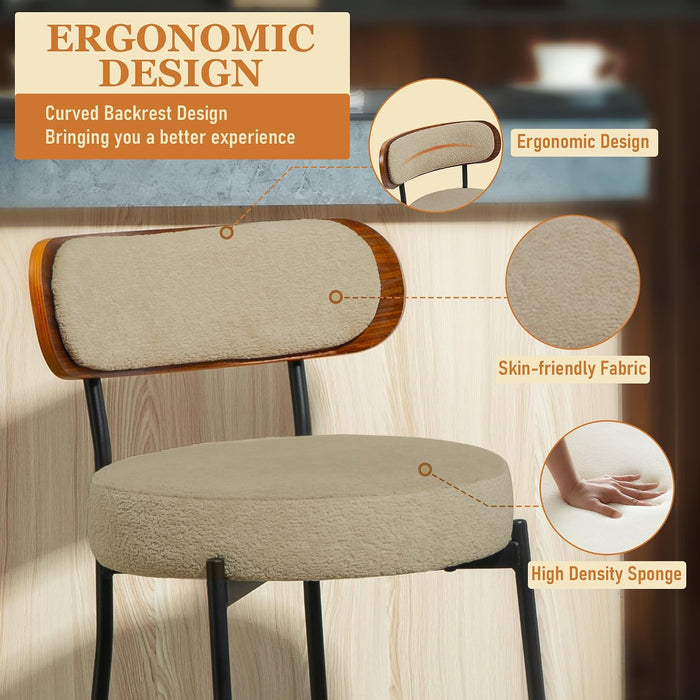 Bar Stools Set of 3 Boucle Seat Chair with Wood Back | 24 Inch,Upholstered,Metal Frame,Foot Rest,Light Brown,Mid Century Modern Barstools for Kitchen Island Dining Room