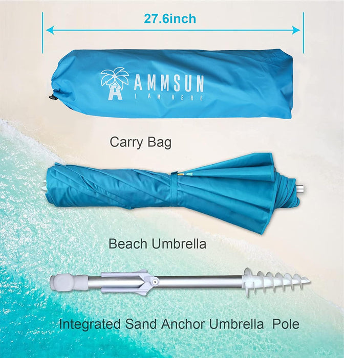 6.5Ft Twice Folded Portable Beach Umbrella with Sand Anchor Windproof Tilt Pole Air Vent UPF 50+ Protection Fits in a Large Suitcase for Travel Patio Garden Pool Backyard Sky Blue