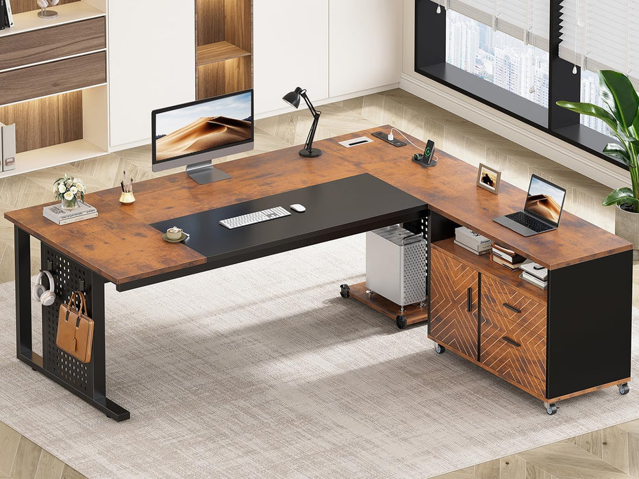 71" Executive Desk with Rolling File Cabinet, Large Office Desk with Drawers, L Shaped Computer Desk with Power Outlets, CPU Stand, Pegboard and Storage Shelves, Rustic Brown