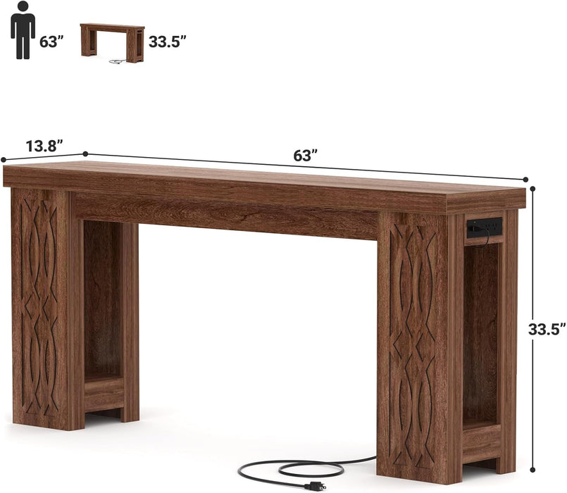 63" Console Table with Outlet, Farmhouse Entryway Table with Colorful LED Lights, Wooden Sofa Table with Unique Carved Design, Foyer Accent Table for Entrance, Hallway, Living Room