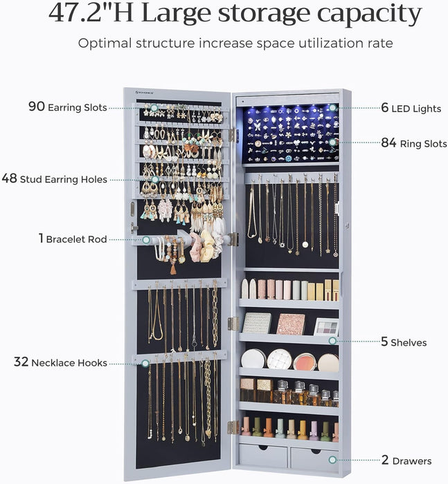 6 Leds Mirror Jewelry Cabinet, 47.2-Inch Tall Lockable Wall or Door Mounted Jewelry Armoire Organizer with Mirror, 2 Drawers, 3.9 X 14.6 X 47.2 Inches, Gray UJJC93GY
