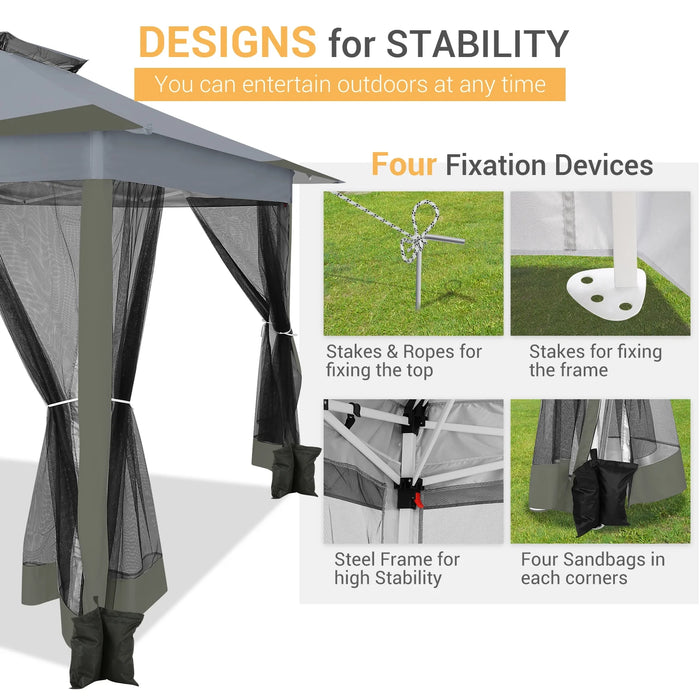 12X12Ft Outdoor Gazebo Pop up Gazebo with Mosquito Netting, Instant Patio Canopy Tent for Shade and Rain, 2 Tiered Vente Gazebo Canopy UPF 50+ for Garden Backyard with Carry Bag&4 Sandbags