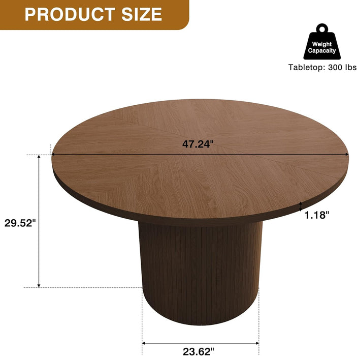 47 Inch round Dining Table, Farmhouse Fluted Dining Kitchen Table, Modern Wood Small Circle Dining Table for Kitchen Living Room, Walnut