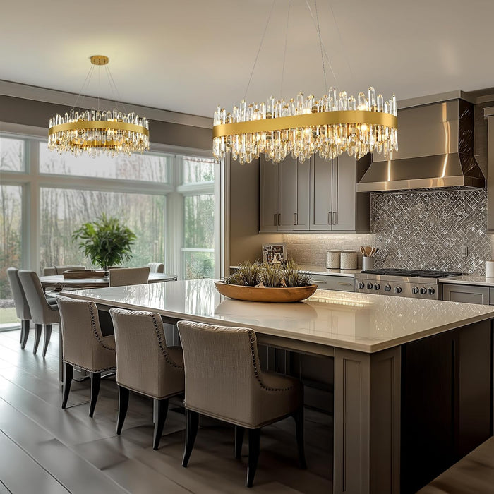 Modern Crystal Chandelier, 16-Lights 2 Tiers Dining Room Chandelier over Table, 36'' K9 Crystal Gold Rectangular Chandeliers for Kitchen Island Adjustable Long Chandeliers for Living Room