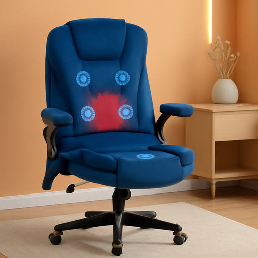 6 Point Vibrating Massage Office Chair with Heat, Velvet High Back Executive Office Chair with Reclining Backrest, Padded Armrests and Remote, Drak Blue