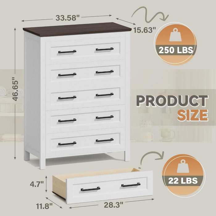 White Dresser Tall for Bedroom,Wooden 5 Drawer Dresser for Nursery,Chest of Drawers for Bedroom, Closet Storage Organizer for Living Room, Hallway, Closet (Brown&White)