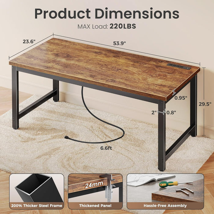 55 X 24 Inch Desk with Power Outlets & USB-C, Deeper & Thicker Desktop, Robust Metal Tubes, Computer Desk, Heavy Duty Office Desk, Work Gaming Desk for Home Office, Rustic Brown