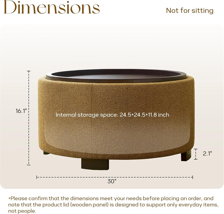 30 Inch round Storage Ottoman, Ottoman Coffee Table with Lift off Lid, Boucle Modern Ottomans with Storage for Living Room, Bedroom, Apartments (Yellow)