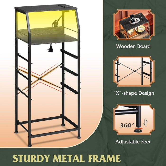 Black Nightstand With Integrated Charging Station LED