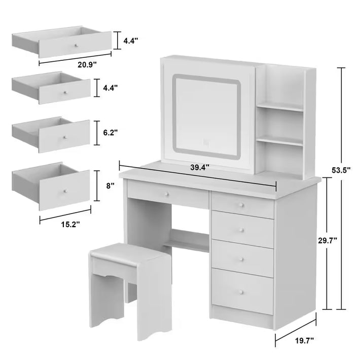 5-Drawers White Wood Makeup Vanity Sets Dressing Table Sets with LED Push-Pull Mirror, Stool and Storage Shelves