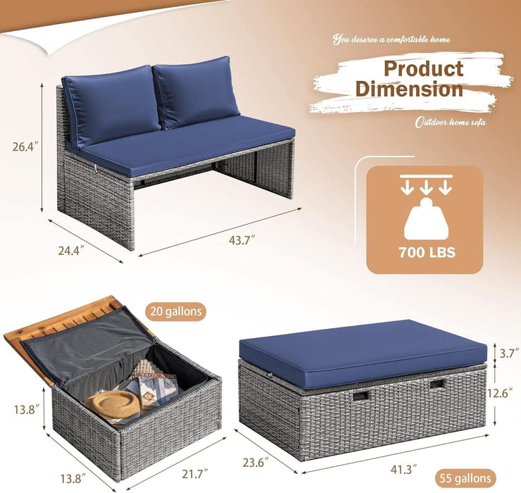 Patio Day Bed Outdoor Daybed Set Multifunctional Rattan Lounge Bed with 2 Side Tables for Backyard Porch Poolside Lawn Beach (Navy Blue)