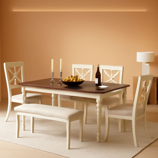 6-Piece Farmhouse Dining Table Set with 4 Upholstered Chairs and Bench, 71” Solid Wood Table, Seating for 6, for Dining Room or Kitchen, Rustic White & Walnut Finish