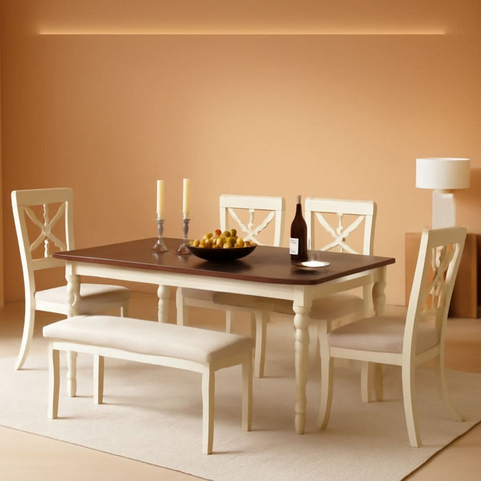 6-Piece Farmhouse Dining Table Set with 4 Upholstered Chairs and Bench, 71” Solid Wood Table, Seating for 6, for Dining Room or Kitchen, Rustic White & Walnut Finish