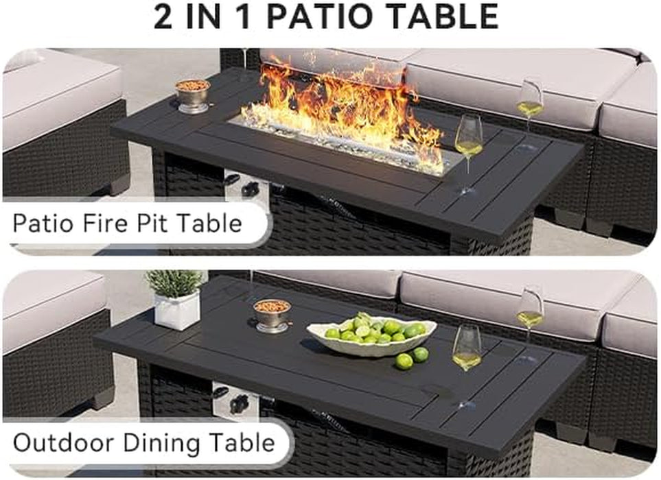 Outdoor Patio Furniture Set with 44'' Fire Pit Table, 7 Pcs Outdoor Sectional with 4In Thicken Cushion, Widen Armrests Wicker for Backyard, Grey
