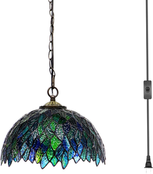 Stained Glass Style Plug in Hanging Lamp Multicolor Leaf 180 Inch