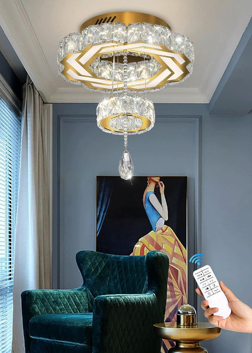 Small Crystal Chandeliers Dia 12" Gold Chandelier Flush Mount Ceiling Light for Bedroom Living Room Dining Room Hallway Dimmable 3 Rings LED Celing Lighting Fixtures