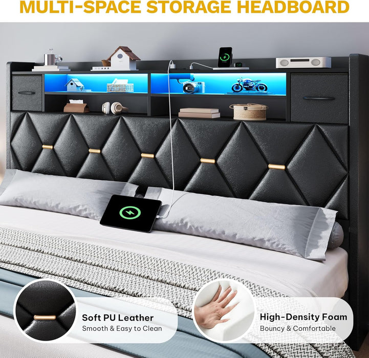 King Size Bed Frame with 2 Storage Drawers and Storage Headboard, Upholstered Platform with Charging Station and LED Light, No Box Spring Needed, Noise Free, Easy Assembly, PU Leather Black