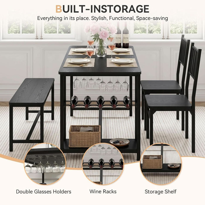 55-Inch Dining Table Set for 4 with Bench, Wine Rack, Black