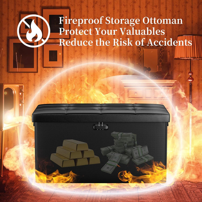 Storage Ottoman Bench with Lock,Fireproof 30 Inches Folding Bench Foot Rest Stool Storage Chest Safe for Living Room,Bedroom,Home Office,Waterproof Leather Ottoman with Handles,Black