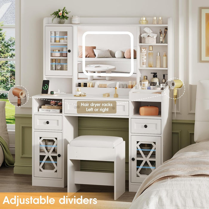 44.5" W Large Vanity Desk with Mirror,Cushioned Stool Makeup Vanity Table Set with Adjustable LED Lights and Power Outlet,Storage Drawers,Shelves for Bedroom Dressing Room White