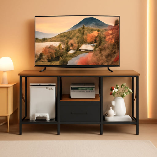 TV Stand with Fabric Drawer, Entertainment Center for 50 55 Inch TV, Industrial TV Console Table with Open Storage Shelves for Living Room, Bedroom, Rustic Brown