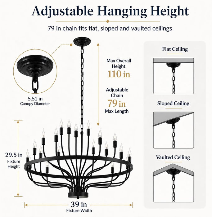 Large Black Chandelier 24-Light, round 39 in Wagon Wheel Light | 3-Tier Farmhouse Candle Pendant with E12 Base for Dining Room, Foyer, Living Room, Hallway, High Ceiling