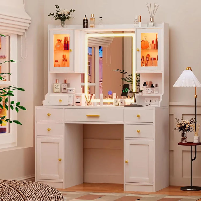 White Vanity Desk with Mirror Lights and Charging Station Large Makeup Table Set with Cabinets and 3 LED Light Modes