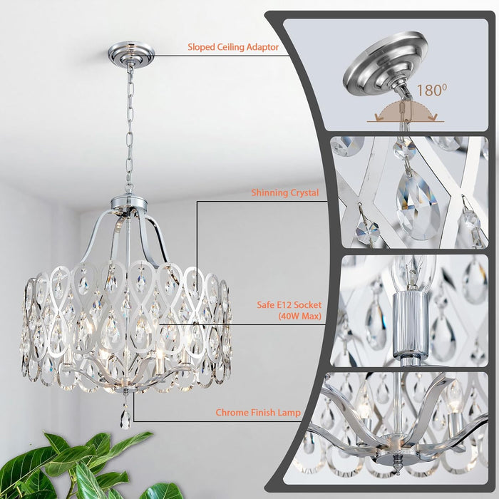 21.7" Chrome Chandelier for Dining Room over Table round Crystal 5-Light Hanging Pendant Lighting with Metal Shade Adjustable Height for Living Room Bedroom Foyer