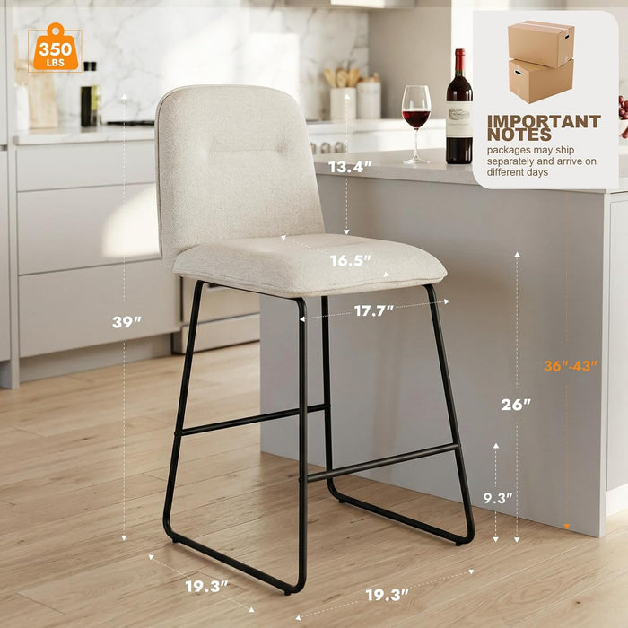 Bar Stools Set of 2, 26" Counter Height Bar Stools with Back, Modern Linen Fabric Upholstered Barstools with Metal Frame & Footrest for Kitchen Island, Home Bar, Beige