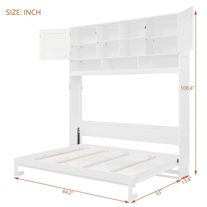 Hideaway Bed Queen Size Murphy Bed with Ample Storage,Space-Saving Wall-Mounted Design Cabinets Bedframe W/Diamond Stripes,Hydraulic Lift System,For Apartment,White