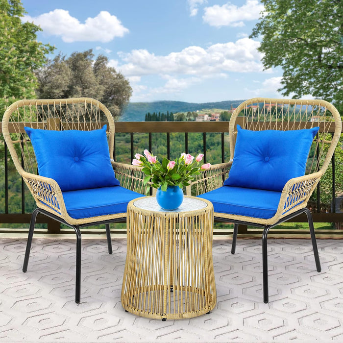 3-Piece Outdoor Patio Furniture Wicker Bistro Set, All-Weather Rattan Conversation Chairs for Backyard, Balcony and Deck with Soft Cushions, Glass Side Table (Light Brown+Navy Blue)