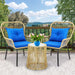 3-Piece Outdoor Patio Furniture Wicker Bistro Set, All-Weather Rattan Conversation Chairs for Backyard, Balcony and Deck with Soft Cushions, Glass Side Table (Light Brown+Navy Blue)