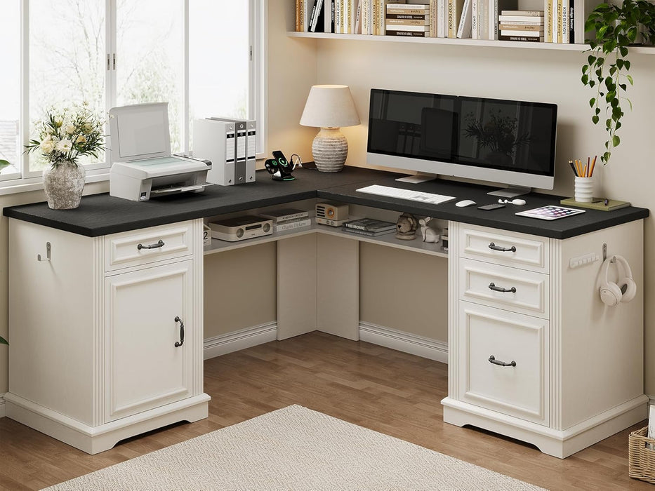 L-Shaped Executive Desk with Drawers, 59" Farmhouse Home Office Desk with File Cabinet, Computer Desk with Charging Station & Headphone Hook for Work/Study/Writing (White & Black)