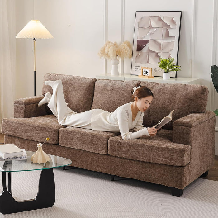 85'' L Shaped Couch with Armrest Organizer,3 Seats Sofas with Movable Ottoman,Comfy Sectional Sofa with Thick Cushion,Chenille Sectional Couches for Living Room,Bedroom,Apartment,Home Furniture,Brown