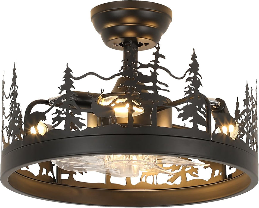 Rustic Black Ceiling Fan with Light, Bear and Deer Design