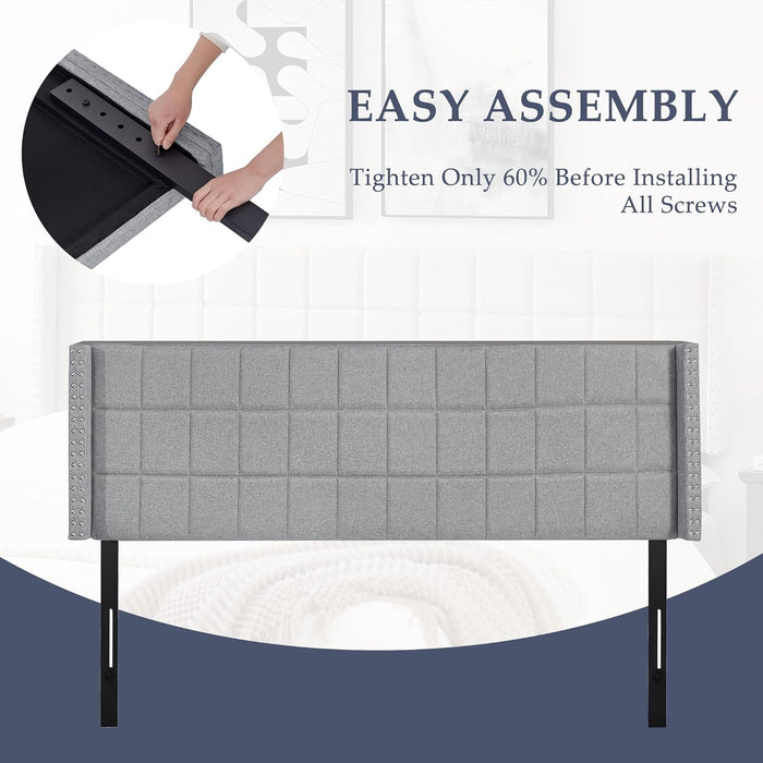 Headboard King Size, Linen Upholstered Headboards Only with Nailhead Trim Wingback, Square Stitched Design, Adjustable Height from 40" to 49.8", Light Grey