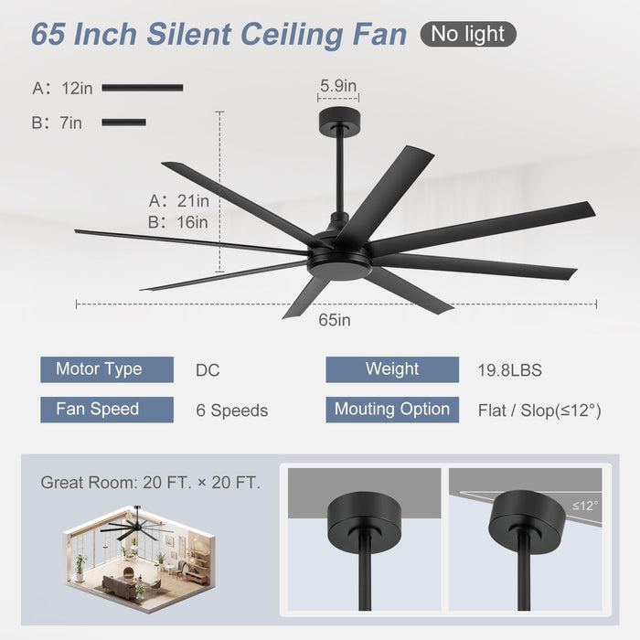 65 Inch Ceiling Fans without Light, Modern Farmhouse Ceiling Fan Remote Control, Quite DC Motor, 8 Reversible Blades, 6-Speed, Timer Function Home Kitchen Ceiling Fans (Black)