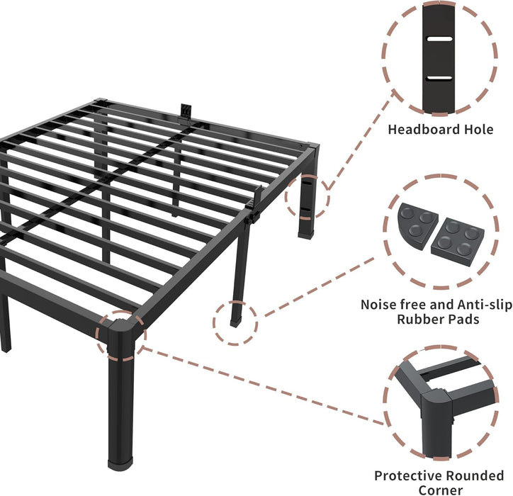 14 Inch King Size Bed Frame Metal Platform No Box Spring Needed with Headboard Hole round Corner Legs Mattress Stoppers Retainers 3500LBS Heavy Duty Steel Slats Noise-Free