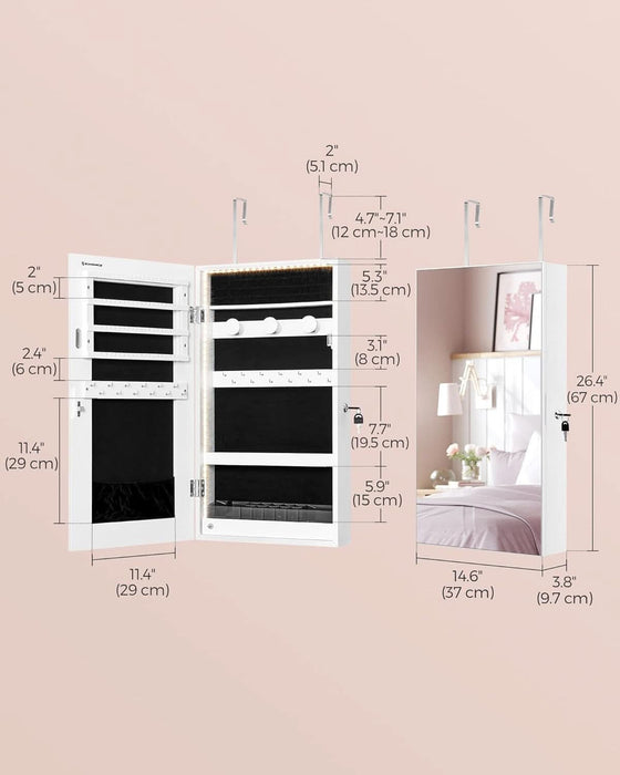 Mirror Jewelry Cabinet Armoire with Built-In LED Lights, Wall or Door Mounted Jewelry Storage Organizer, 3.8 X 14.6 X 26.4 Inches Hanging Mirror Cabinet, Gift Idea, White UJJC050W01