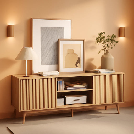 TV Stand for 55/65/70 Inch Tv,Bamboo Entertainment Center with Natural Rattan Door, Large Long Boho Media TV Console with Open Shelves Living Room Bedroom