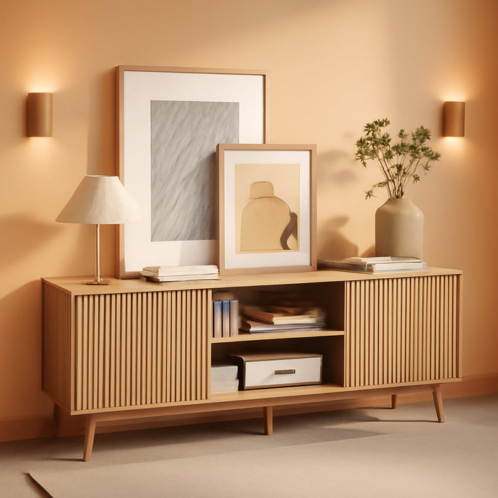 TV Stand for 55/65/70 Inch Tv,Bamboo Entertainment Center with Natural Rattan Door, Large Long Boho Media TV Console with Open Shelves Living Room Bedroom