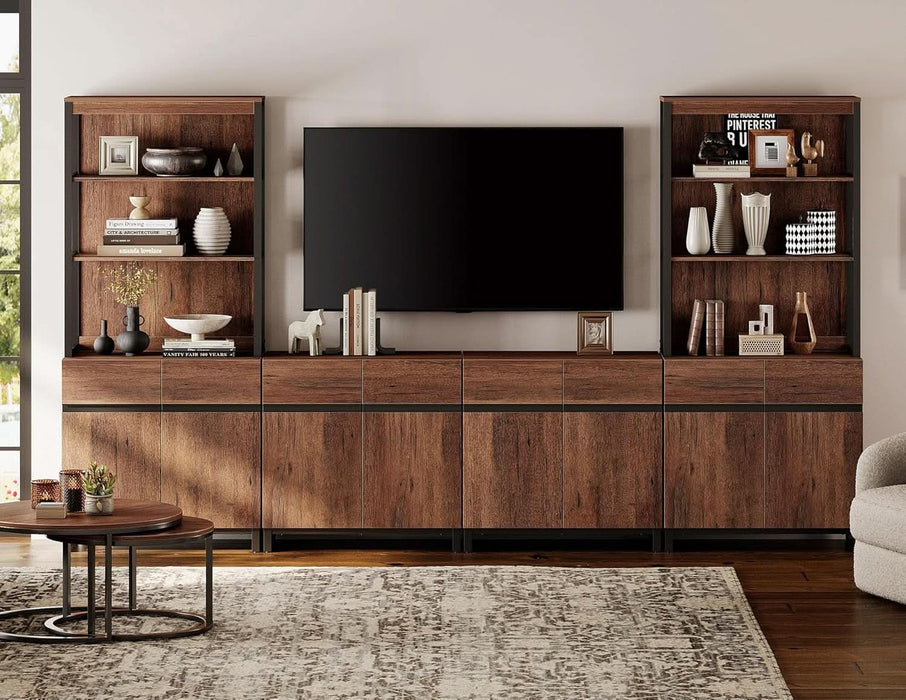 Modern TV Stand with 3 Tiers Bookshelf, Farmhouse Entertainment Center with 4 Large Storage Cabinets and Adjustable Shelf, Wooden Media TV Console with Black Metal Leg for Living Room, Brown