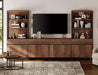 Modern TV Stand with 3 Tiers Bookshelf, Farmhouse Entertainment Center with 4 Large Storage Cabinets and Adjustable Shelf, Wooden Media TV Console with Black Metal Leg for Living Room, Brown