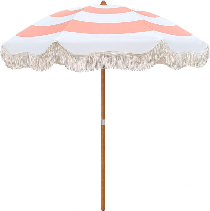 Upgraded Boho Fringe Umbrella, 6.5Ft Canvas Umbrella