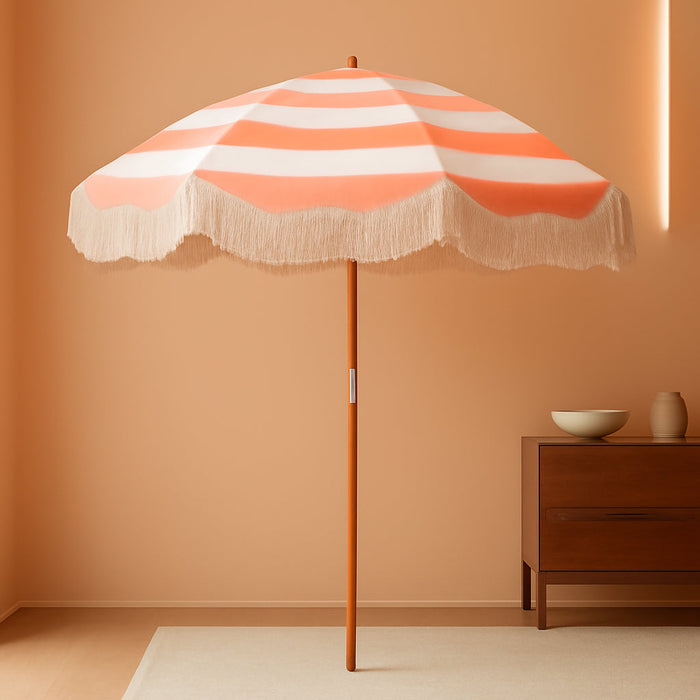 Upgraded Boho Fringe Umbrella, 6.5Ft Canvas Umbrella
