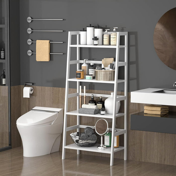 Ladder Shelf, 4-Tier Bamboo Ladder Bookshelf, 49.2” White Book Shelf, Open Bookcase Freestanding Plant Stand for Small Space, Bathroom, Living Room, Bedroom, Home Office
