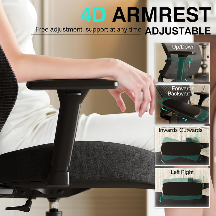 Ergonomic Mesh Office Chair,Comfy Computer Desk Chair- BIFMA 5.1 Certified Commercial Swivel Task Chair for Home Office-Adjustable Lumbar Support & Armrests,Tilt Function,Wide Seat(Noir Black)