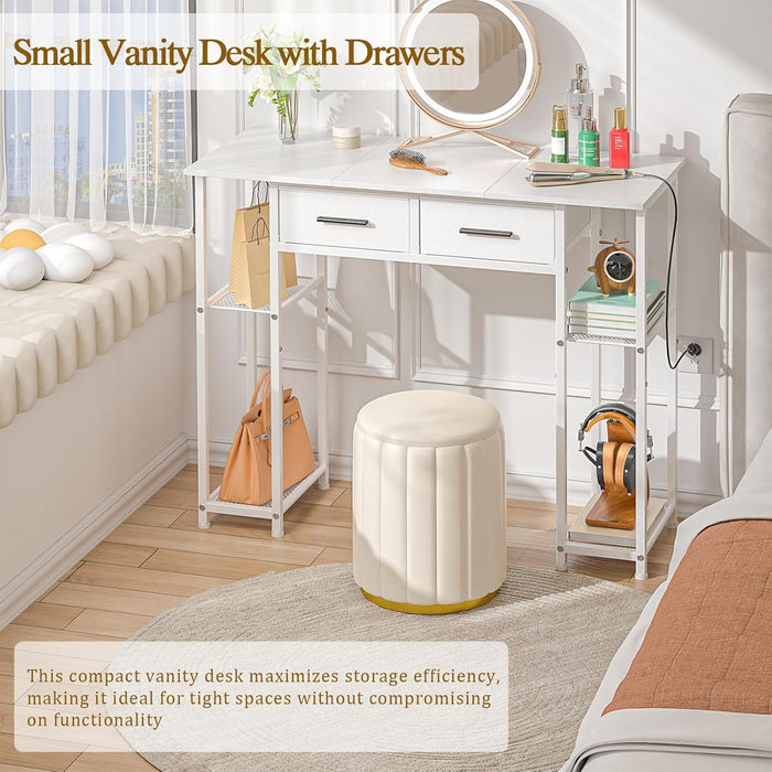 White Vanity Desk No Mirror, Small Makeup Table with Drawers, Girls Vanity Dressing Table with Storage Shlef for Bedroom, 37.3 Inches Compact Vanity for Small Spaces
